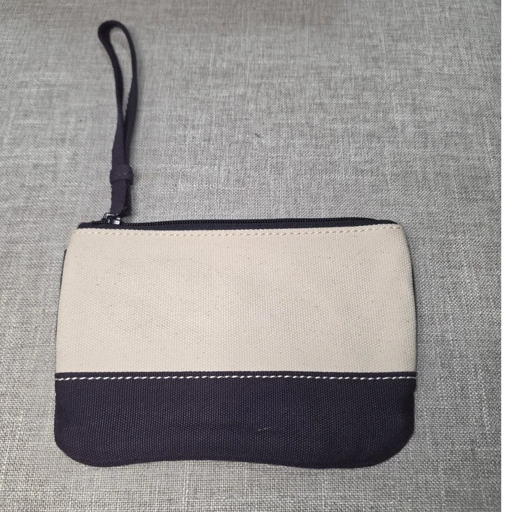 Lands End Canvas Wristlet Pouch Navy Blue Cream Zippered Clutch Bag RN 62830